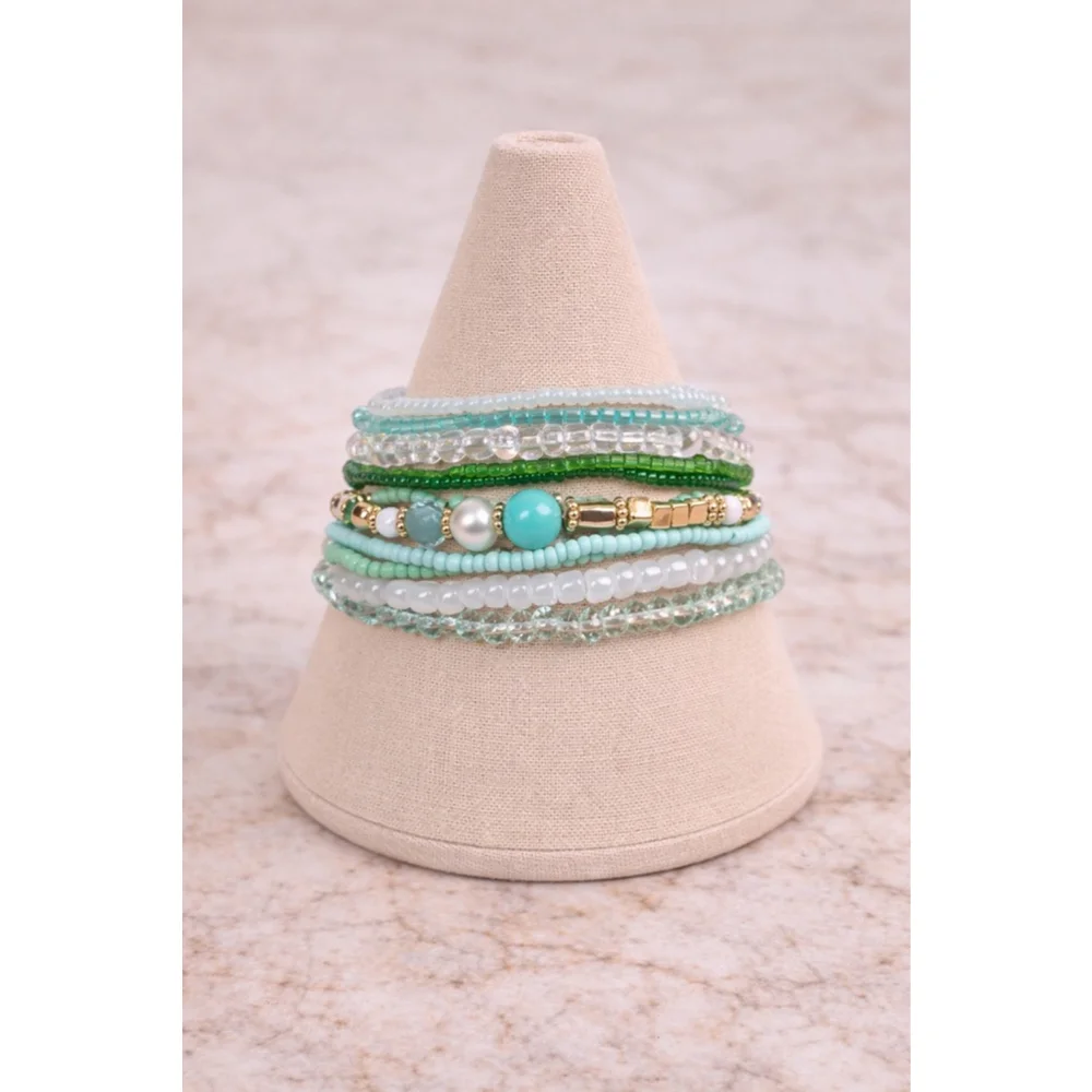 Boho‎ Green Beaded Bracelet Stack Set Stretch Bracelets Coastal Summer Jewelry